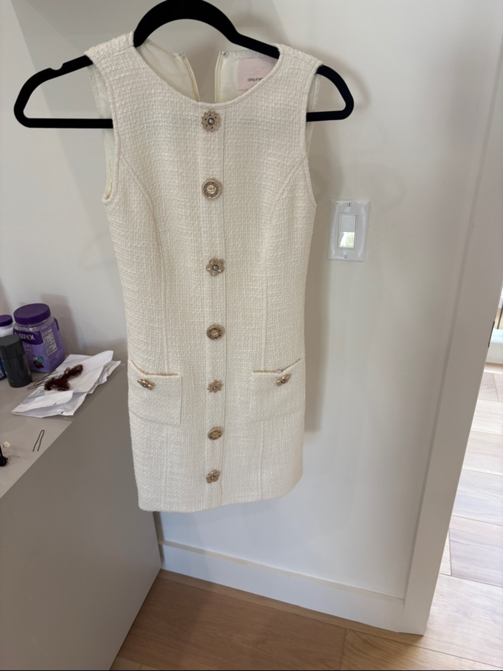 cinq a sept Ivory Tweed Mini Dress with Gold Buttons